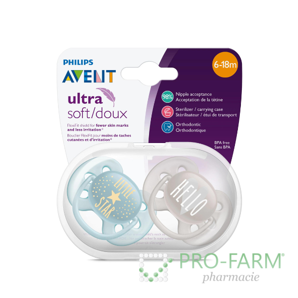 AVENT Ultra Soft Silicone Pacifier Hello Little Star 6-18 m Blue/Grey x 2 pcs SCF223/01